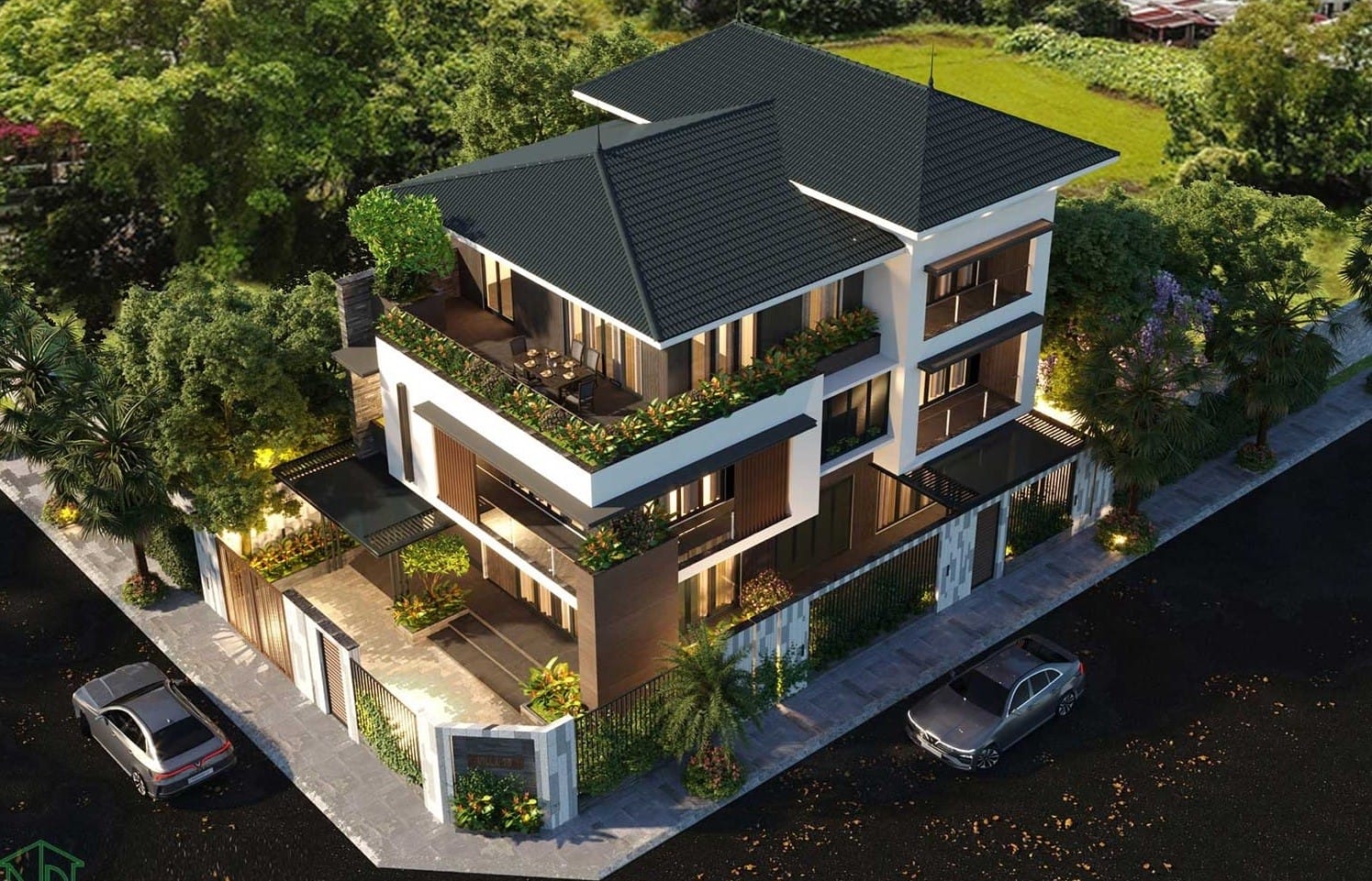 Mẫu nhà mái Nhật 2 tầng hiện đại 2 mặt tiền