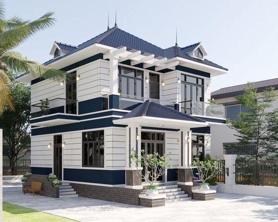mẫu nhà 2 tầng 4 phòng ngủ mái nhật