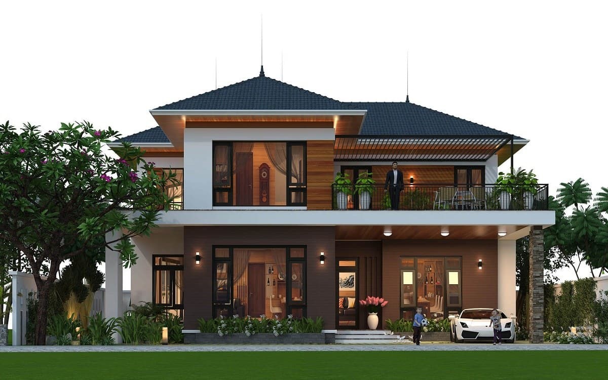 mẫu nhà biệt thự mái Nhật 2 tầng sân vườn