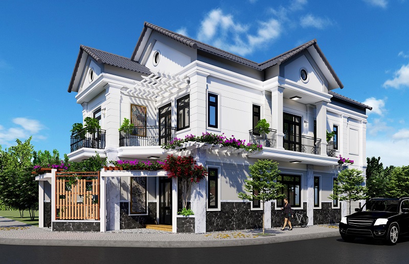 mẫu nhà biệt thự 2 tầng tân cổ điển 2 mặt tiền mái thái
