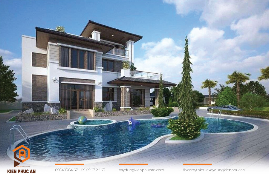Mẫu nhà 3 tầng sân vườn hồ bơi