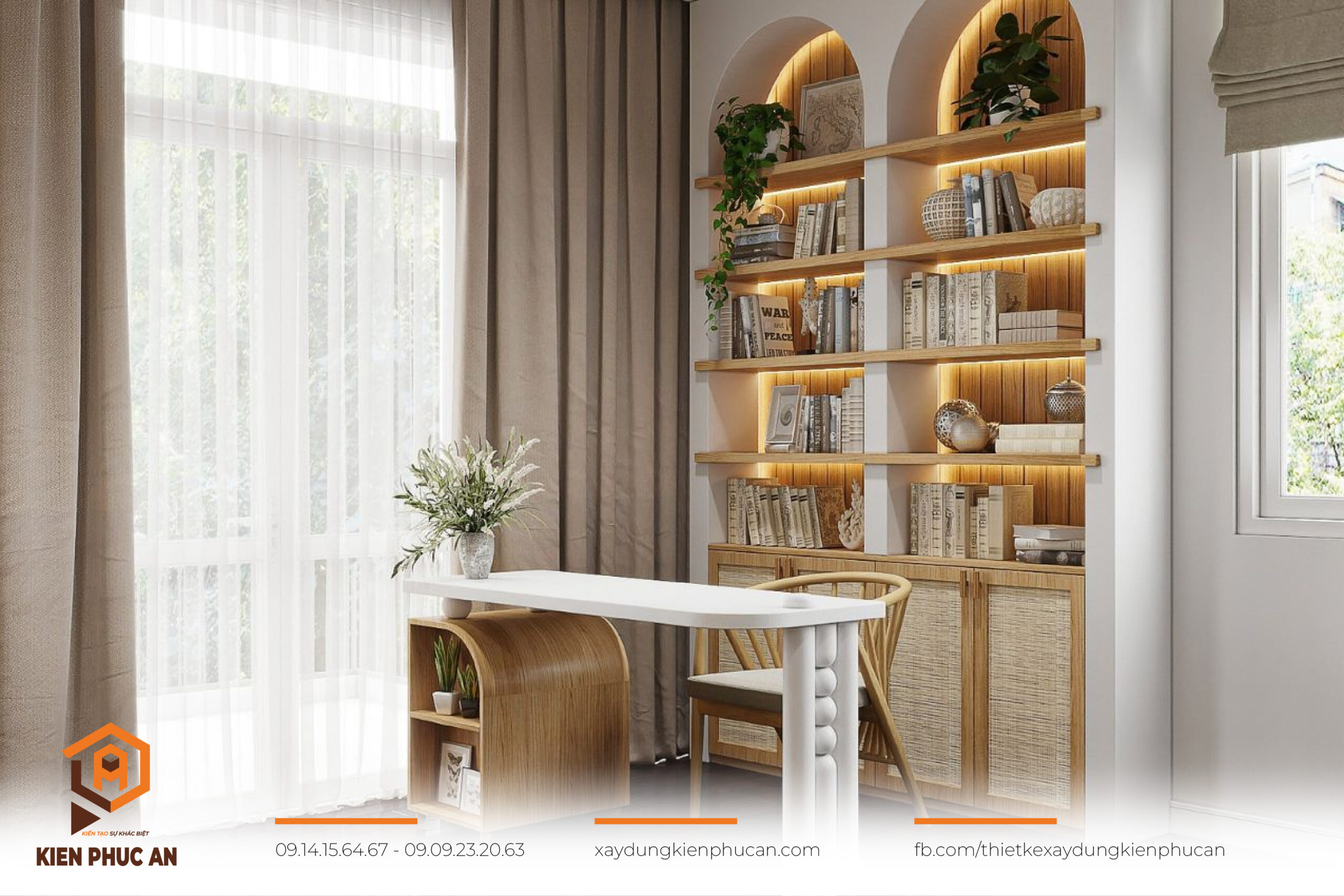 Phòng khách với kệ sách âm tường