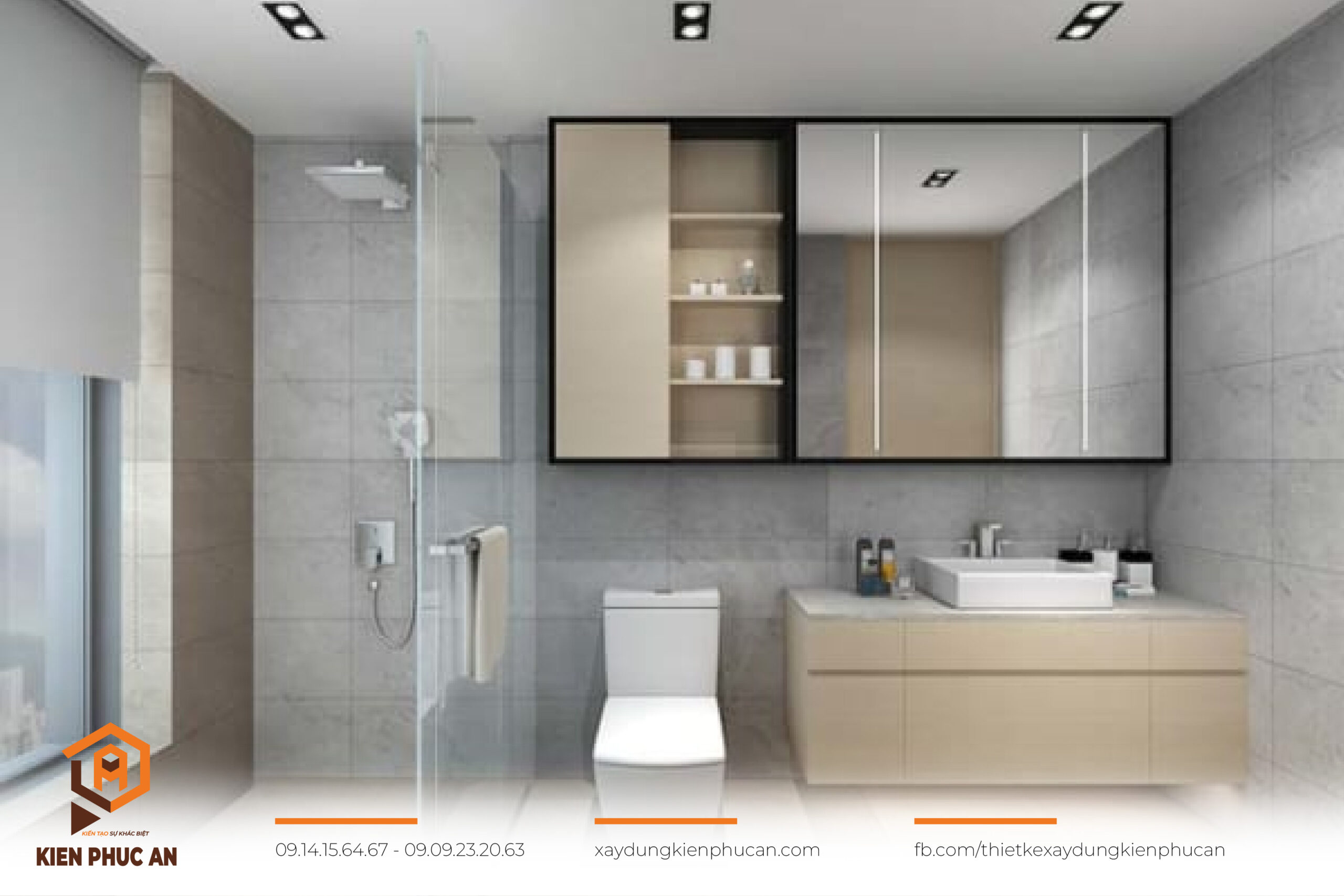 Phòng tắm với kính cường lực màu trắng xám