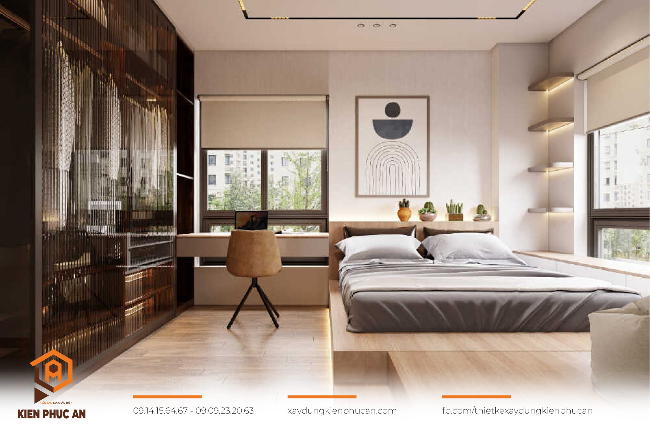 Phòng ngủ master với tông màu ấm