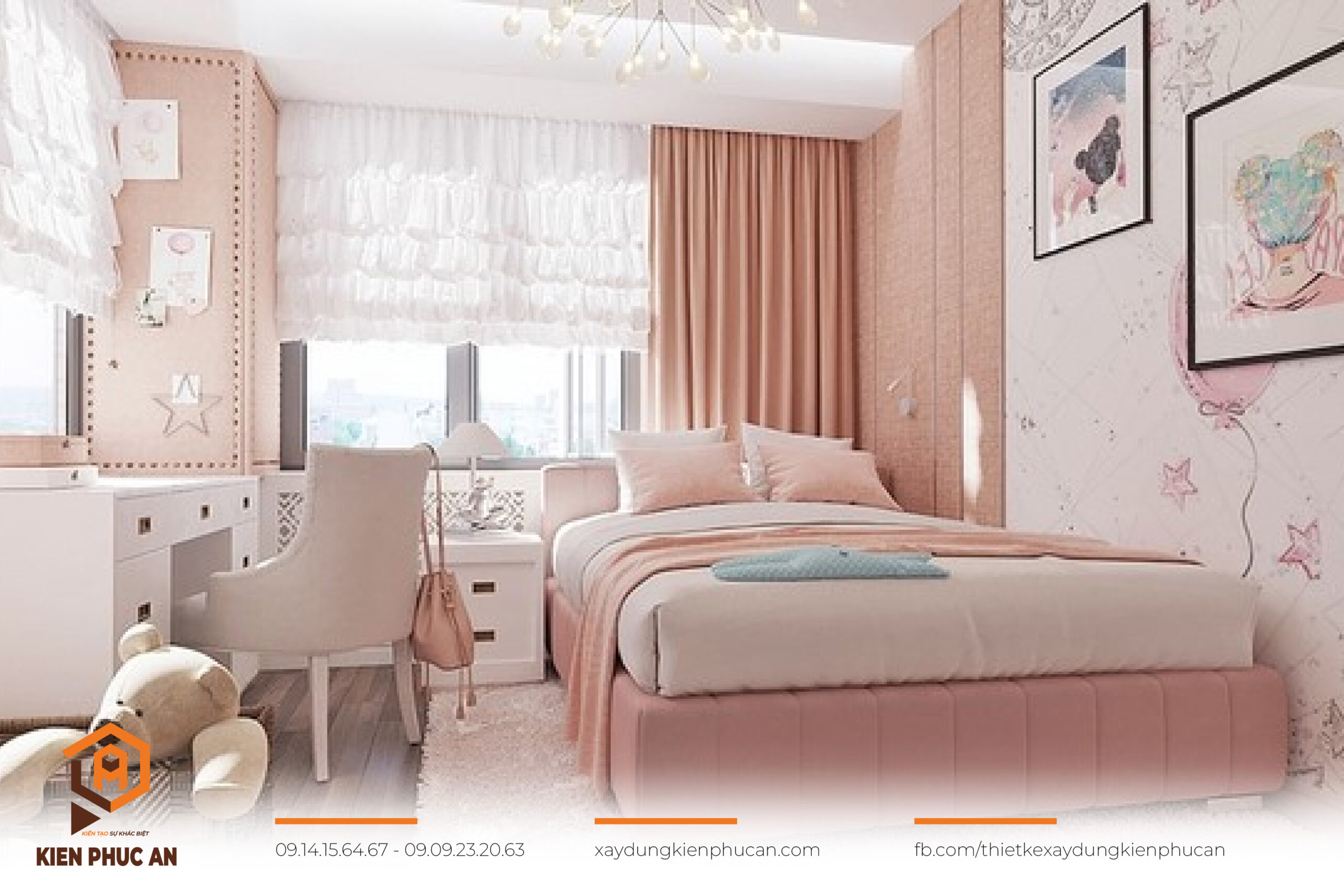 Phòng ngủ cho bé gái với tông màu hồng nhạt