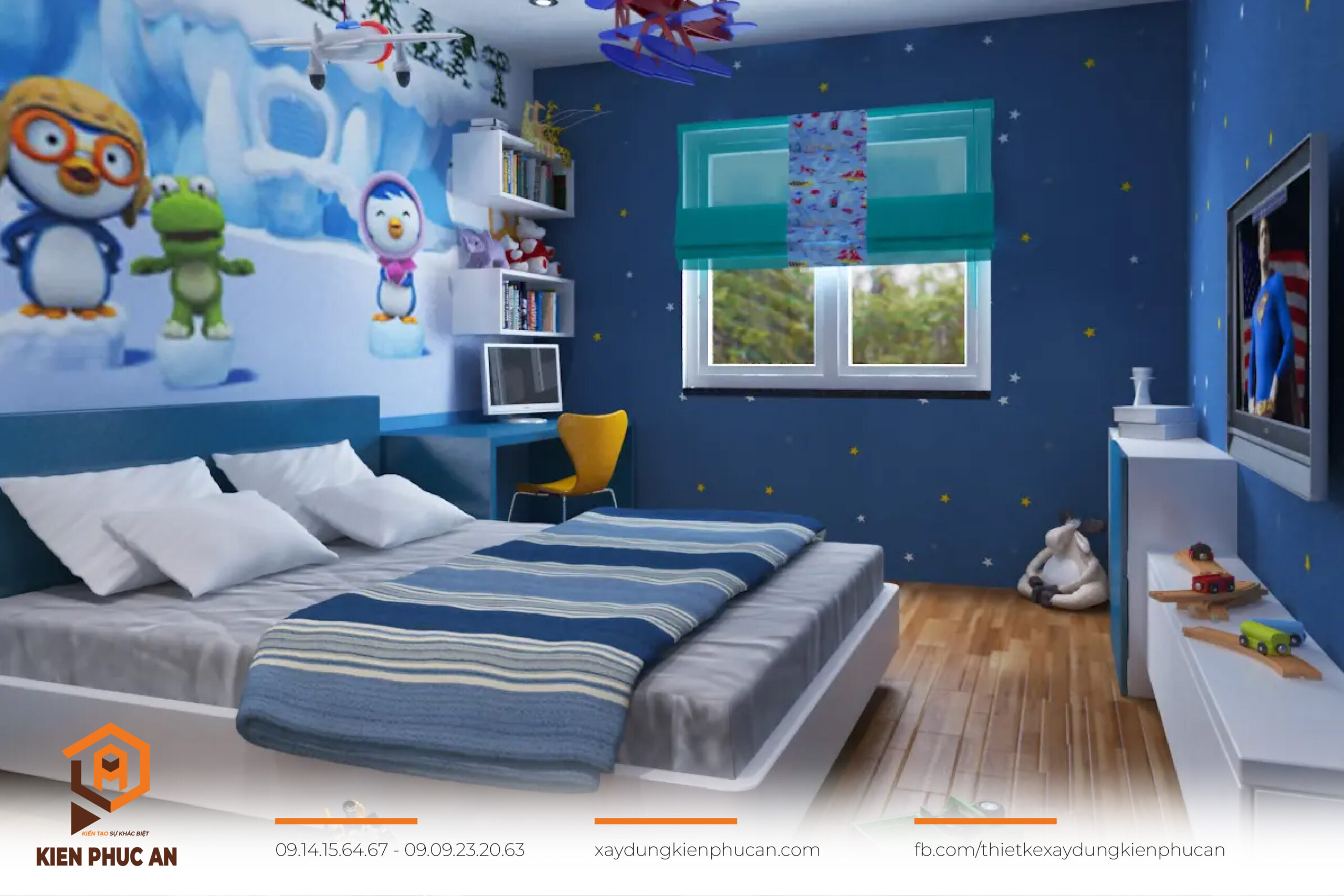 Phòng ngủ cho bé trai với không gian xanh