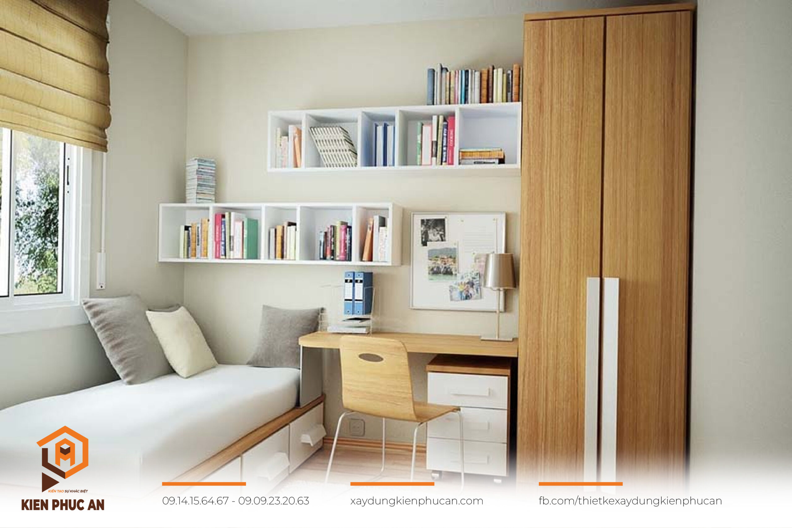 Phòng ngủ ông bà với tủ sách nhỏ