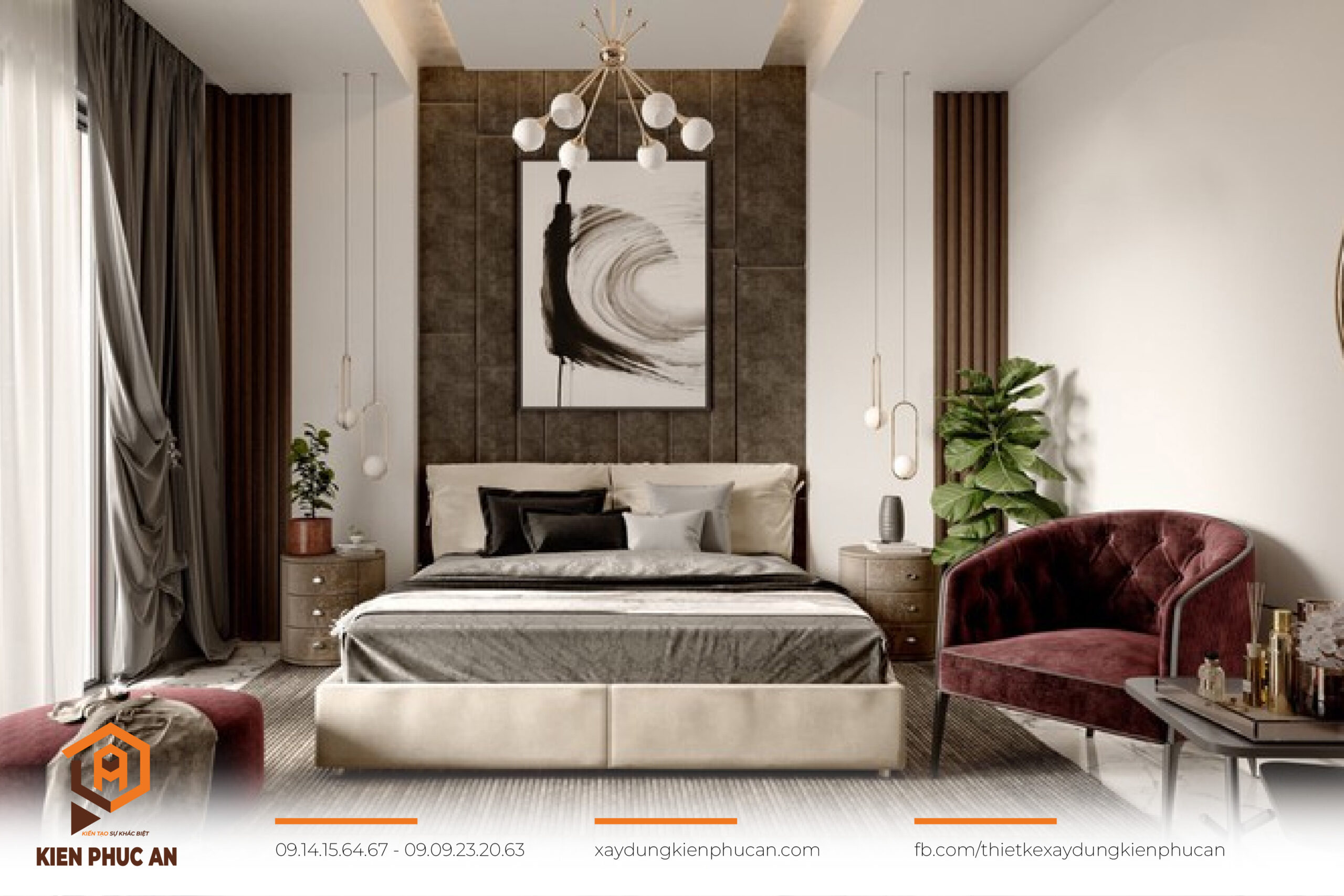 Phòng ngủ master với tranh đầu giường