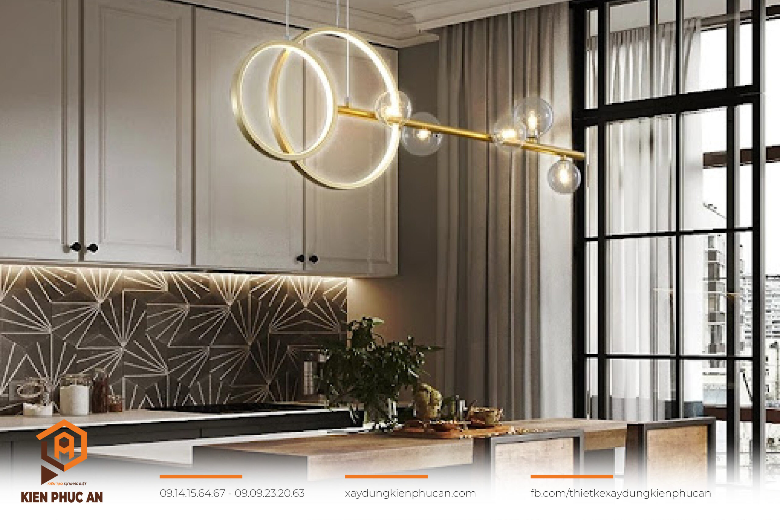 Phòng ăn với đèn thả hiện đại