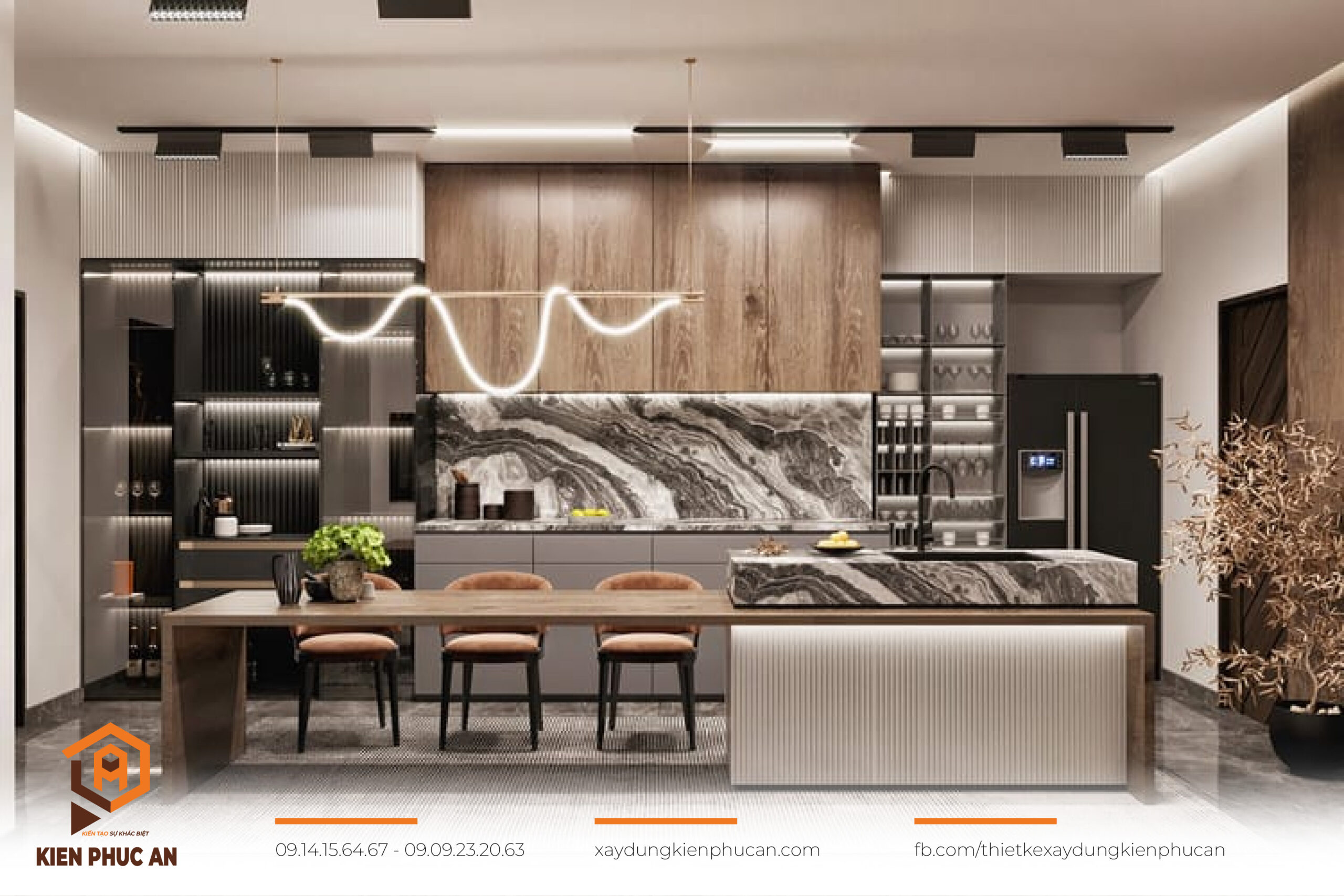 Phòng bếp với đảo bếp tiện lợi