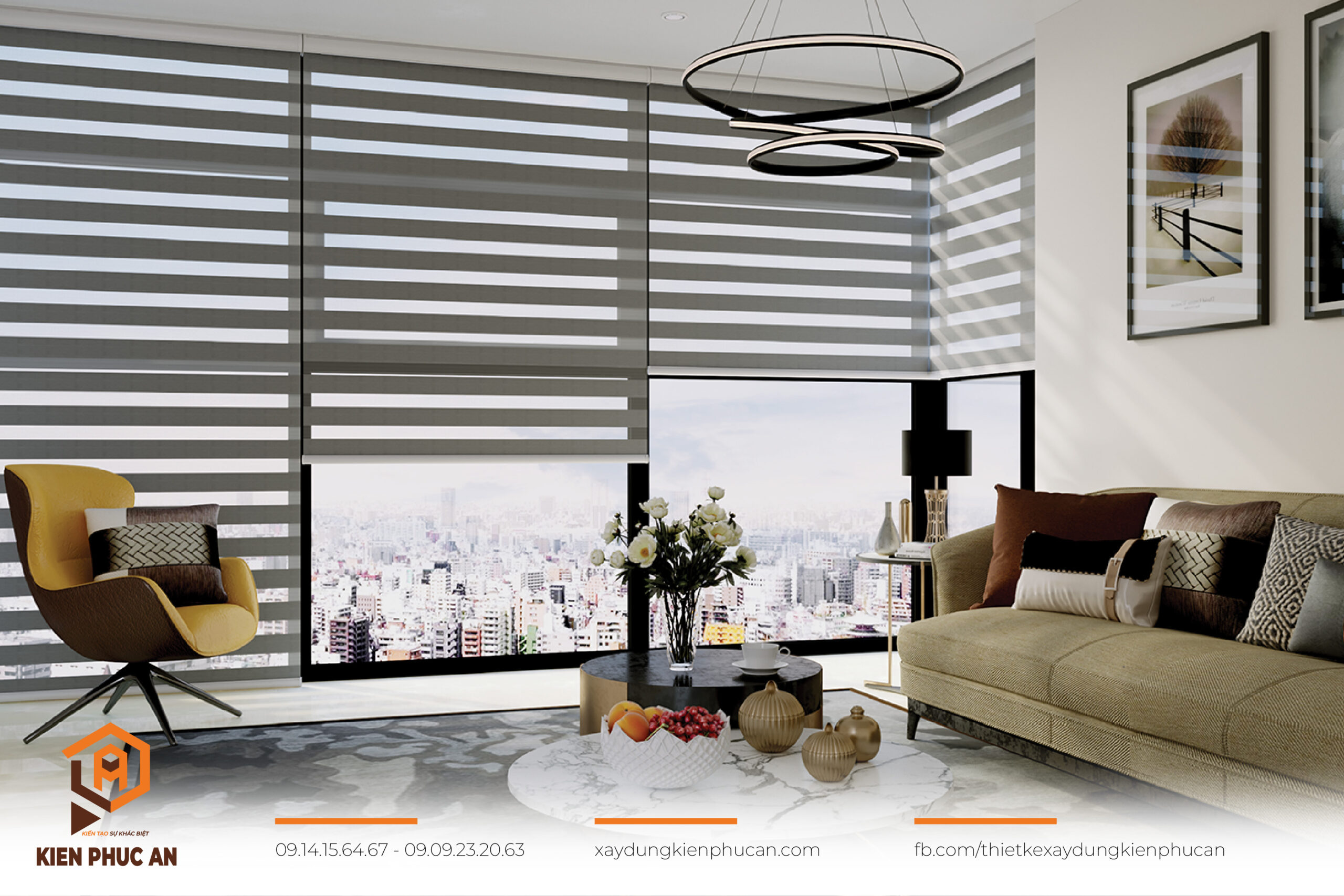 Phòng khách 70m² với cửa sổ lớn, rèm mỏng giúp tận dụng ánh sáng tự nhiên.