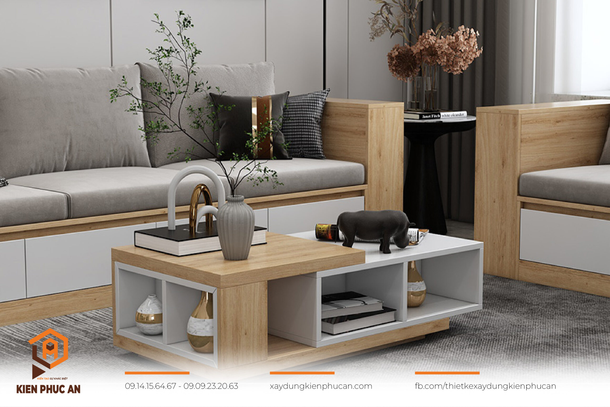 Phòng khách 45m² với ghế sofa vải xám nhạt, bàn trà gỗ vuông và kệ sách dưới bàn.