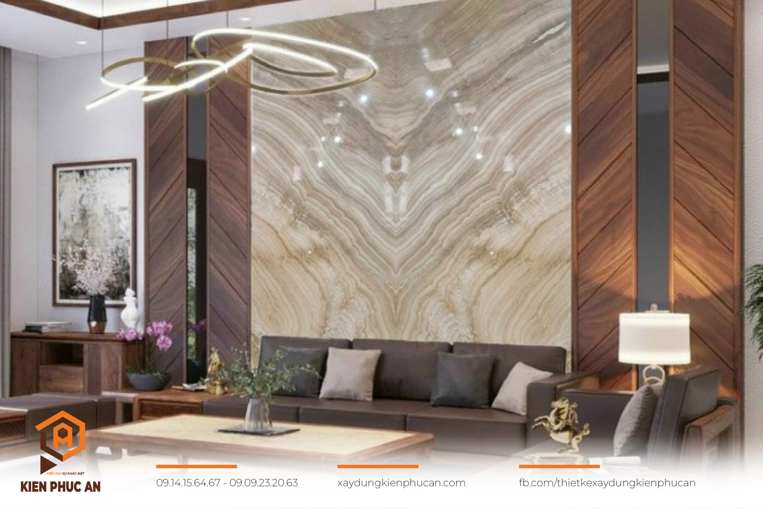 Phòng khách 80m² với vách tường ốp đá Marble, sofa da cao cấp.