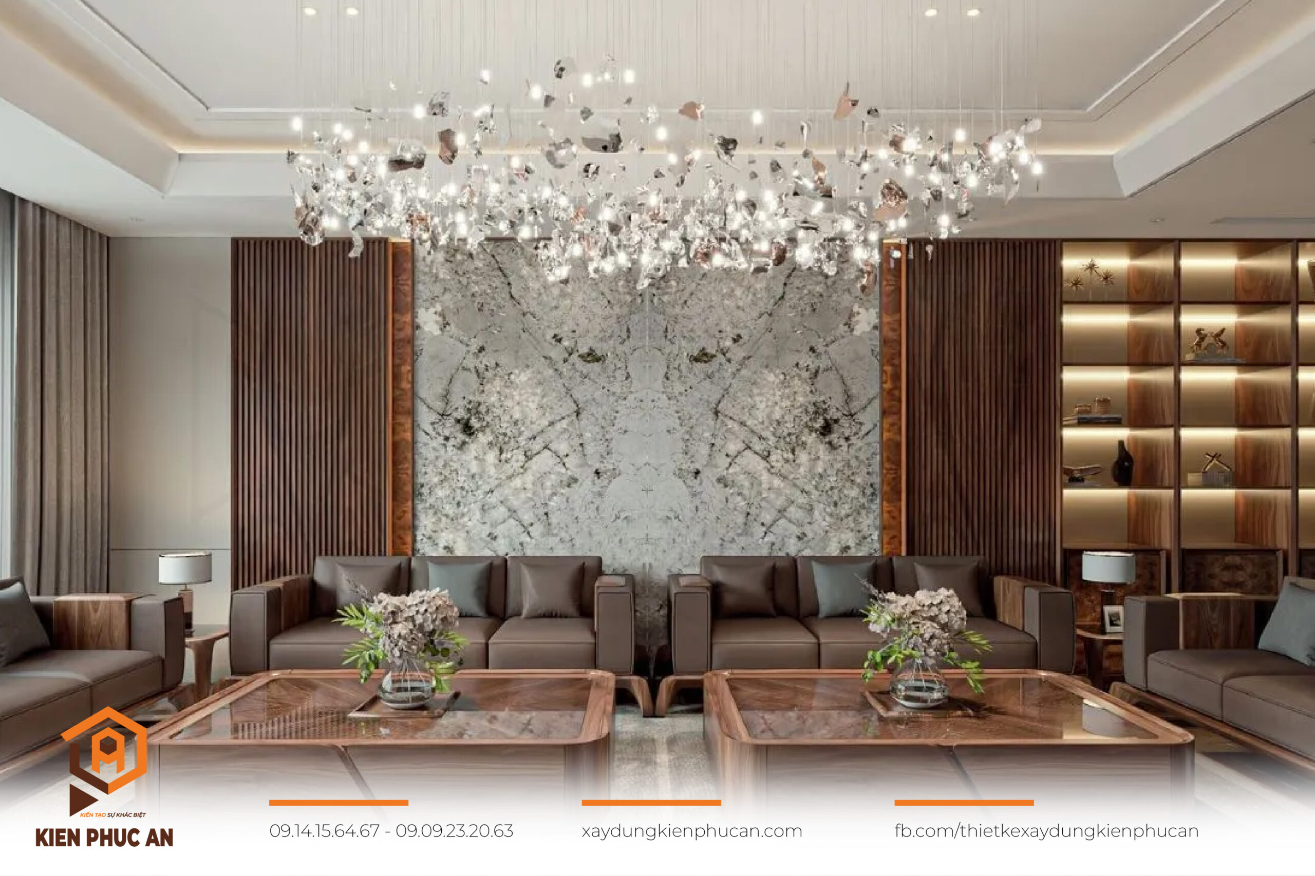 Phòng khách 100m² với đèn chùm pha lê, bàn trà mặt kính và thảm lông sang trọng.