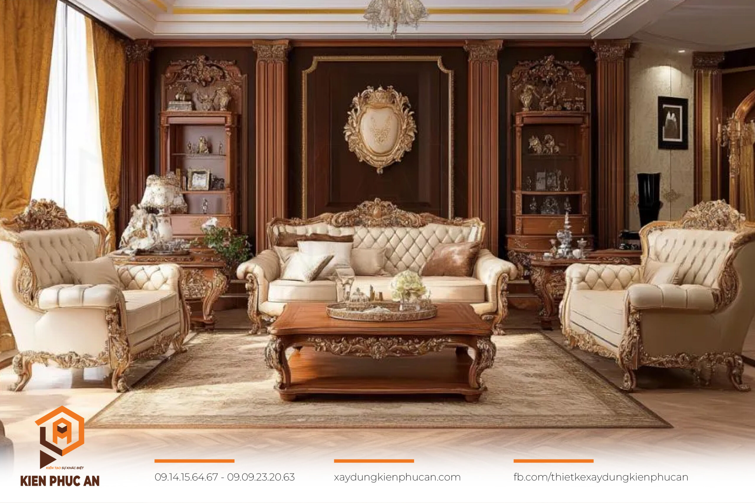 Phòng khách 90m² với sofa bọc nỉ, tường ốp gỗ, đèn chùm phong cách hoàng gia.