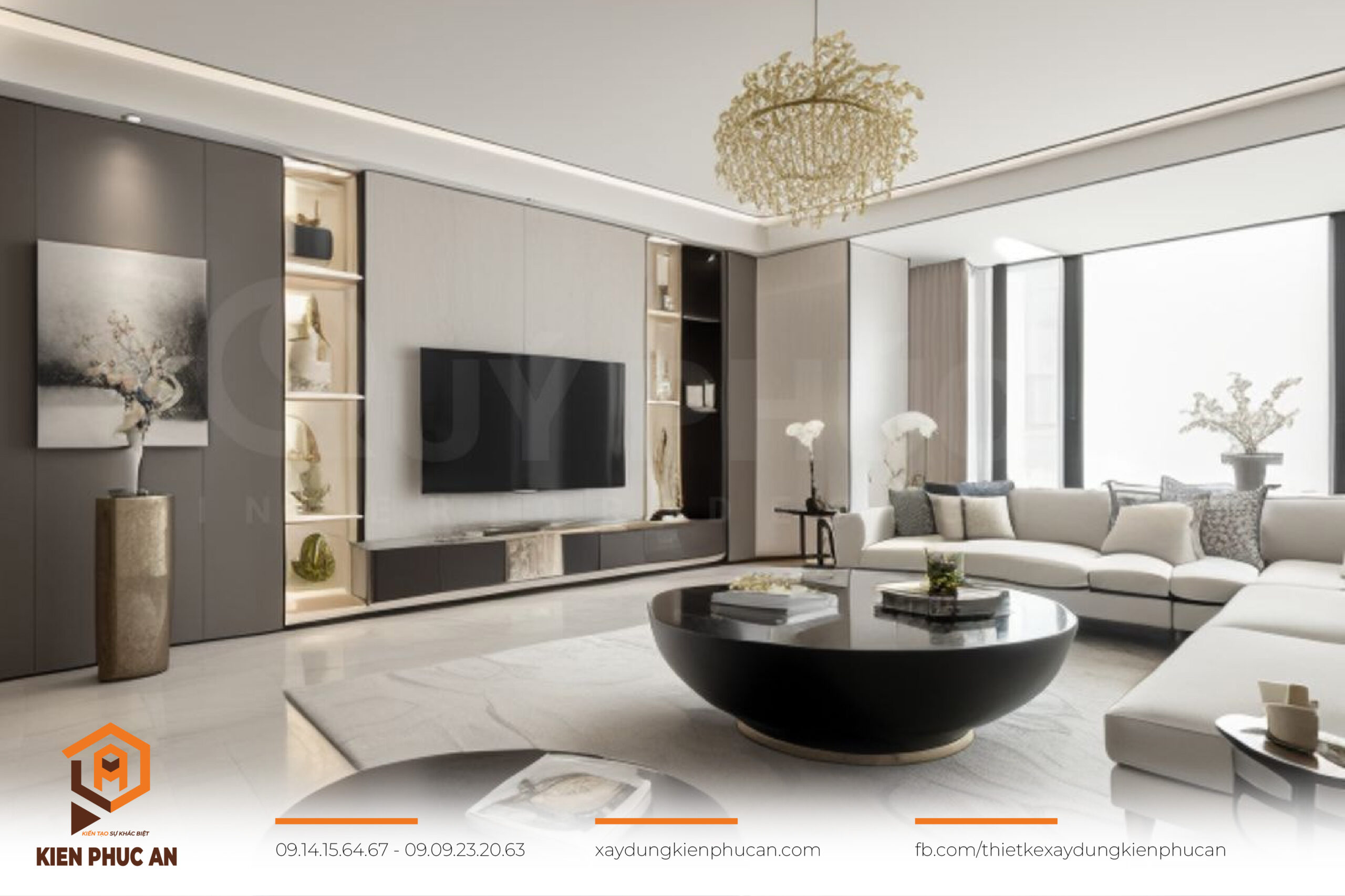 Phòng khách 110m² với cửa sổ lớn, rèm vải nhung và kệ tivi chạm trổ tinh xảo.